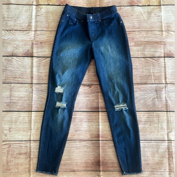HUE • Ripped Knee Ink Wash Denim Leggings - Size M - Picture 3 of 16